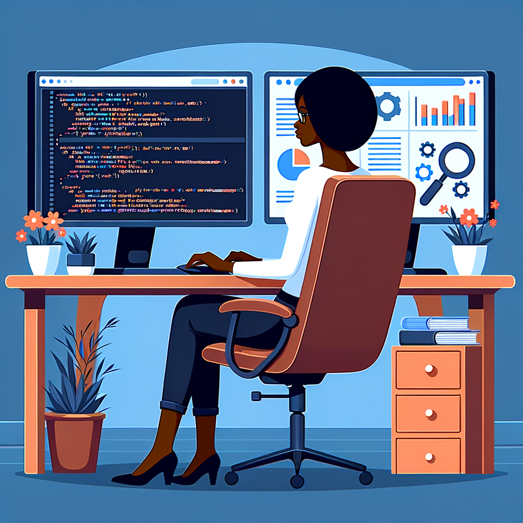 Programmer at desk with dual monitors displaying code and SEO analytics, featuring charts and search engine icons for user behavior.