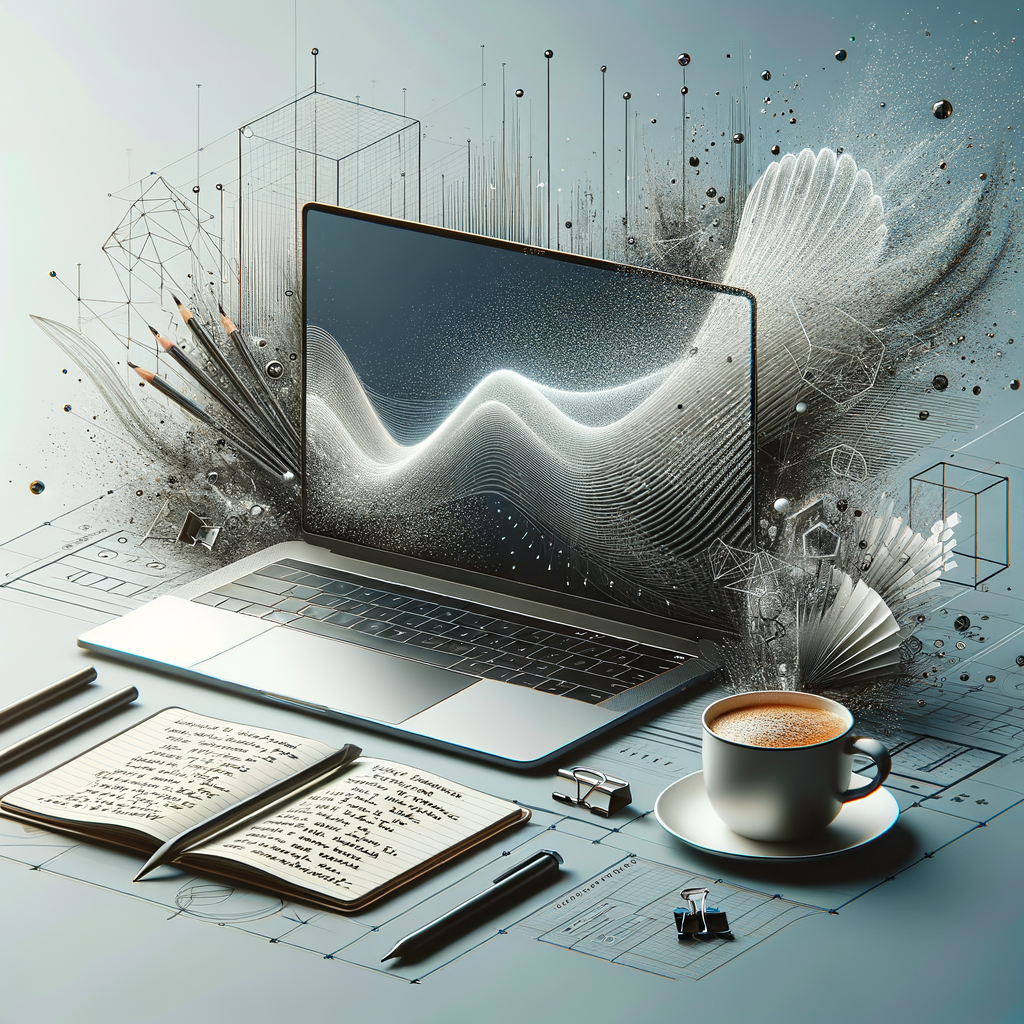 Modern workspace with laptop displaying digital art, notepad with tips, and coffee cup on minimalist background, emphasizing creativity.
