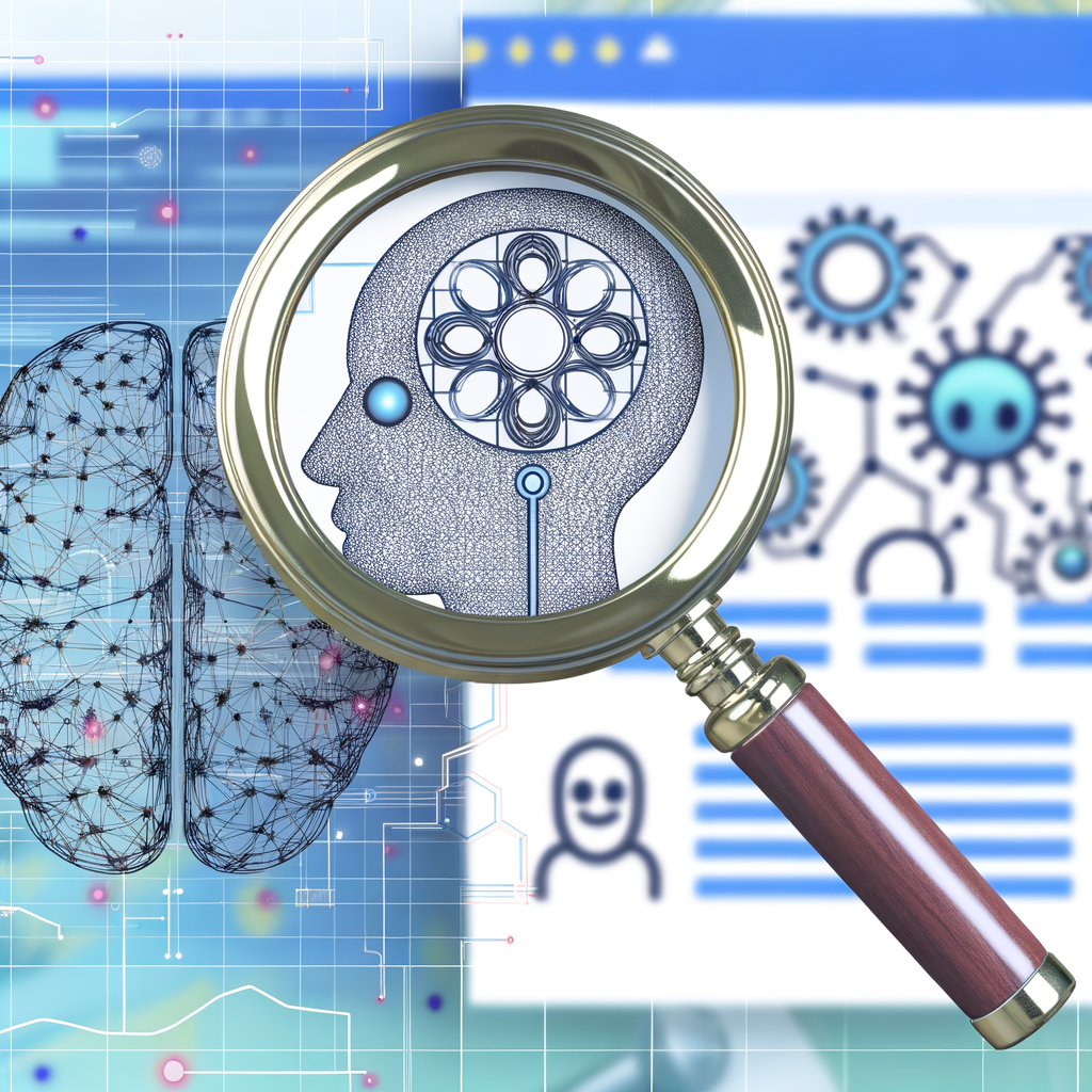 AI-powered website optimization illustrated by magnifying glass over interface with neural networks and chatbot icons