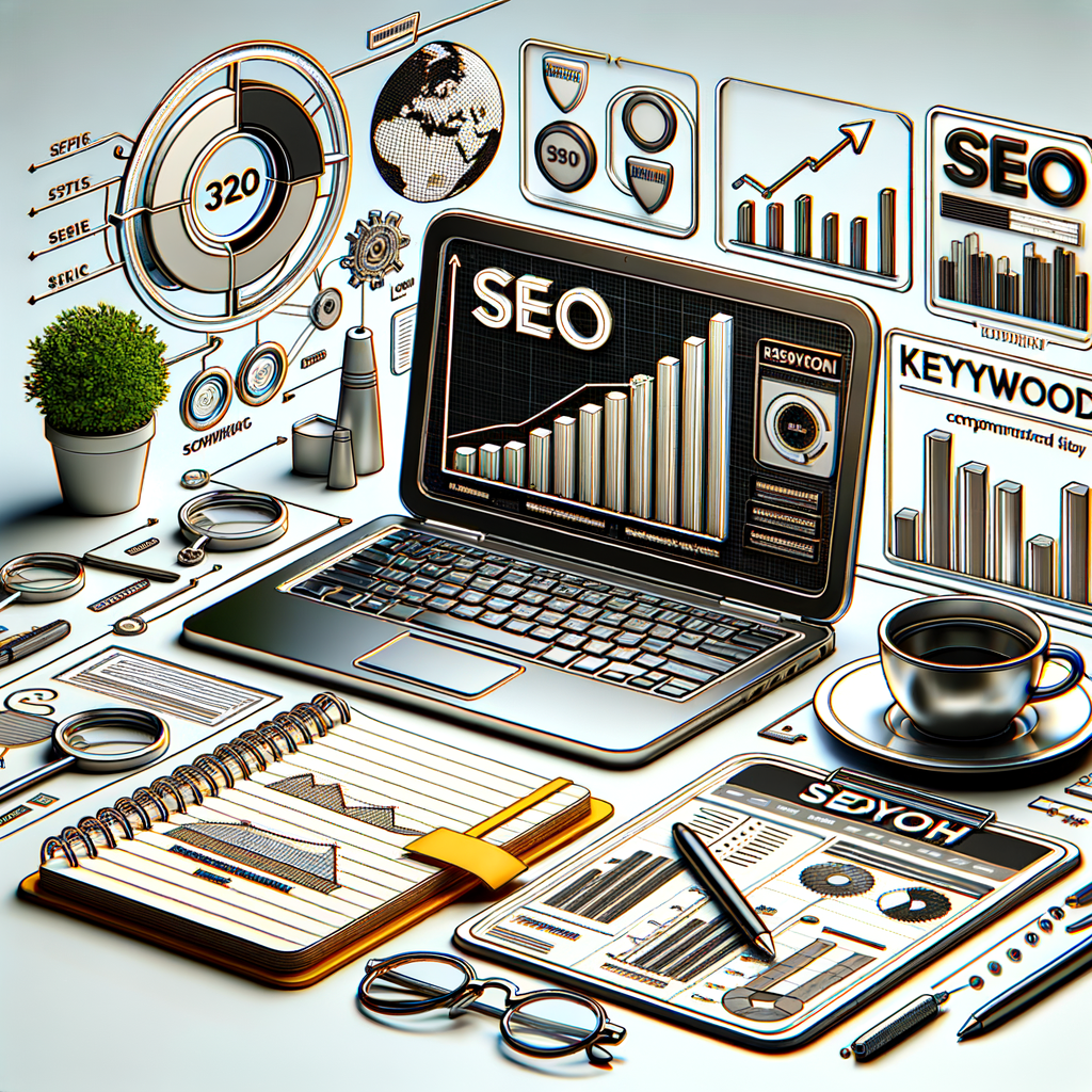 Digital workspace with laptop showing SEO analytics, notepad with keyword strategies, coffee cup, and growth charts.