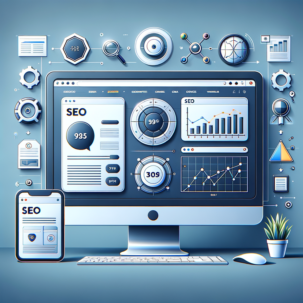 Modern landing page design on a computer screen, showcasing SEO elements like keywords and analytics in a clean, minimalistic style.