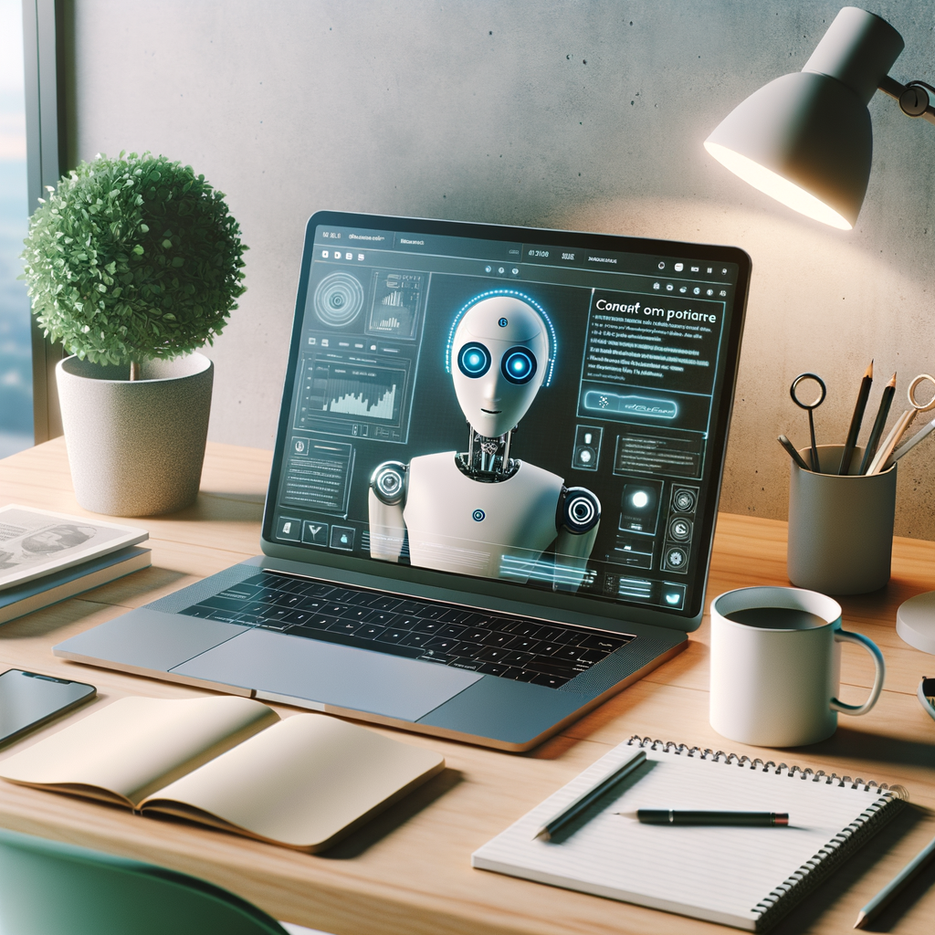 Modern workspace with sleek laptop showing AI blog content, notepad, coffee cup, and potted plant in soft natural light.