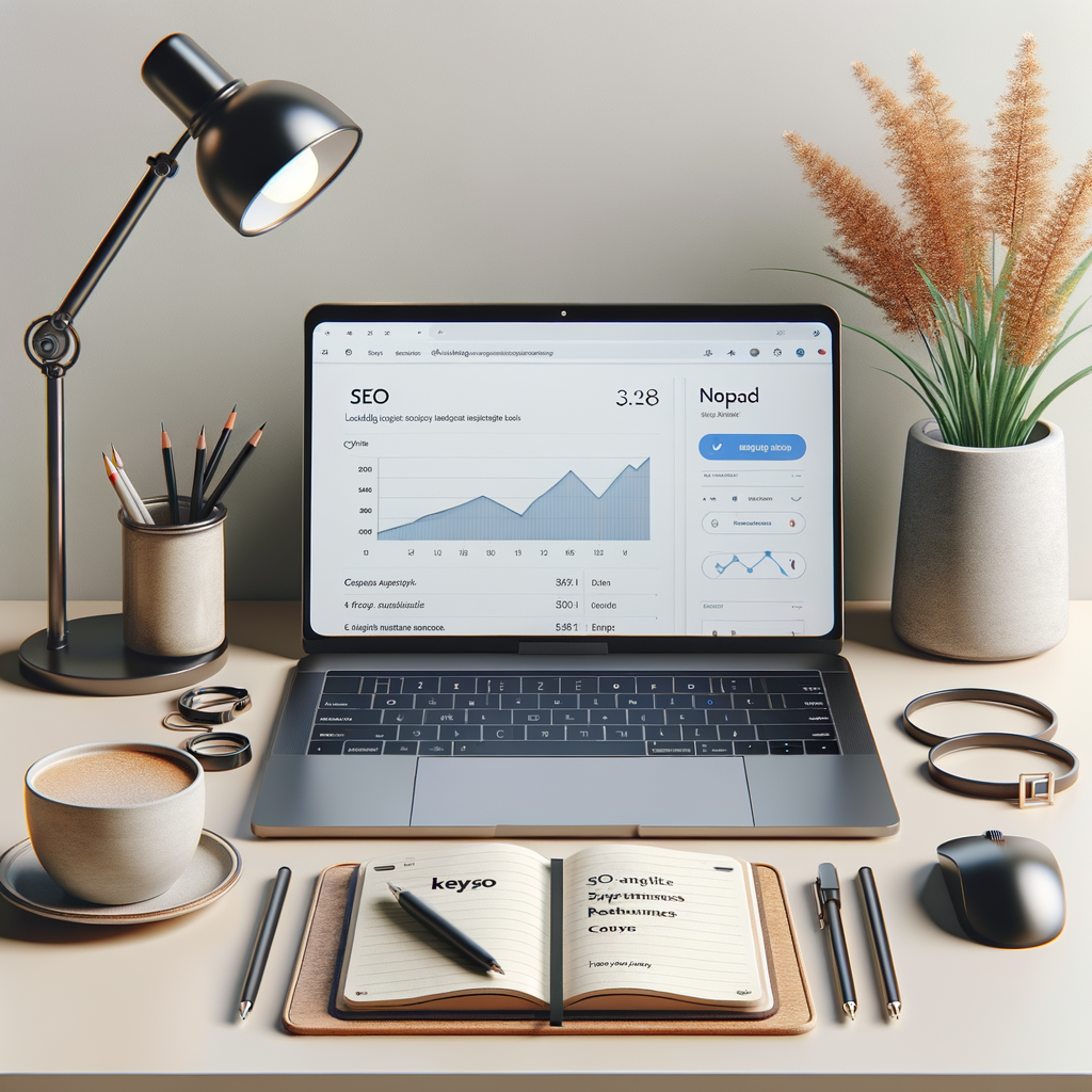 Modern workspace with laptop showing SEO tools, notepad with keywords, coffee cup, and potted plant for optimizing landing pages.