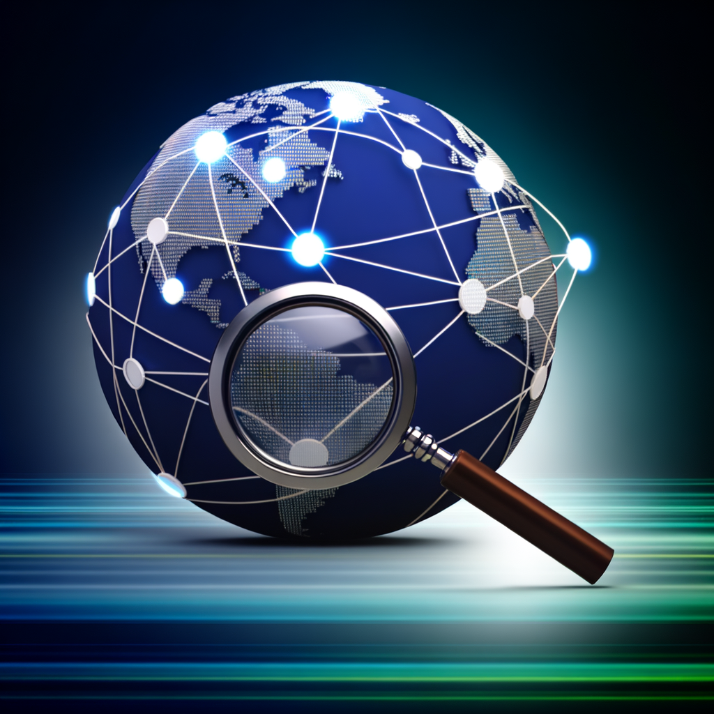 Abstract illustration of a magnifying glass examining a globe with interconnected nodes, symbolizing global SEO and LLM models like ChatGPT.