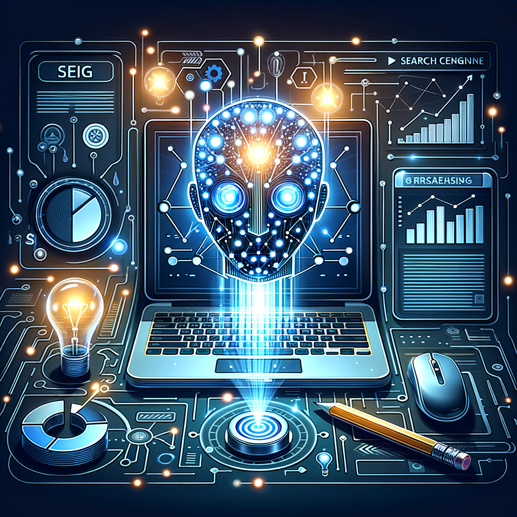Vector illustration of a digital workspace with a laptop, SEO charts, and lightbulbs representing AI-generated blog content.